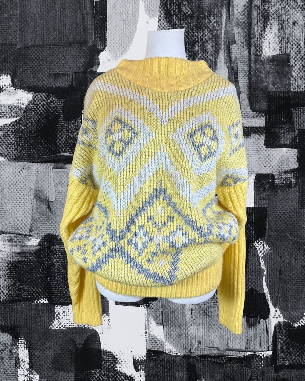 Vintage 80s Together Slouchy Knit Sweater Yellow Gray Aztec Geometric L